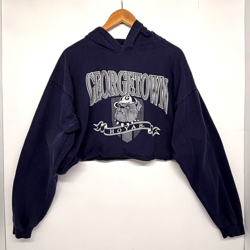 Vintage 90s Georgetown Hoyas Jansport Hooded LS T-Shirt Hoodie Navy Cropped XL